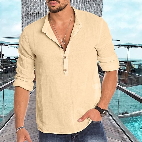 

Hombre Camisa camisa de lino Camisa casual Camisa de verano Camisa de playa Negro Blanco Azul Naranja Color Caquí Manga Larga Plano Henley Diario Vacaciones Ropa Moda Casual Cómodo