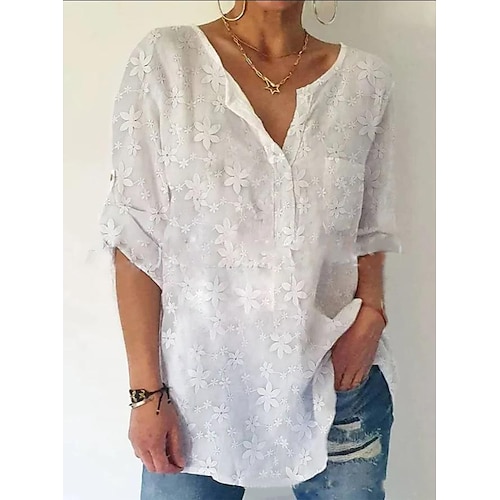 

Women's Shirt Blouse White Floral Pocket Long Sleeve Casual Holiday Basic Round Neck Regular Floral S