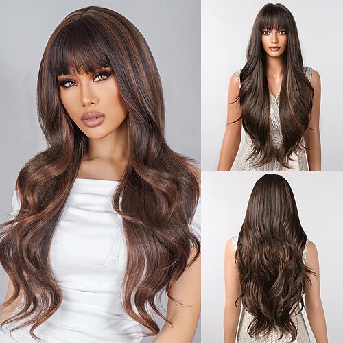 Long Natural Wavy Wigs For Women Brown Wig With Flat Bangs