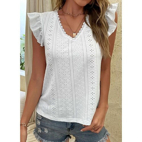 

Women's Tank Top White Plain Ruffle Cut Out Sleeveless Casual Basic V Neck Regular Cotton S