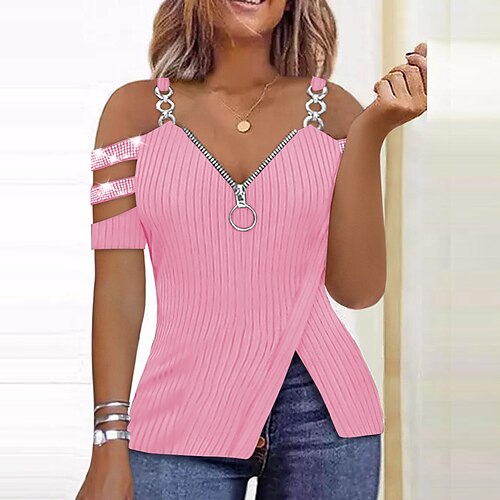 

Damen Hemd Bluse Schwarz Rosa Wein Glatt Ausgeschnitten Viertel Postleitzahl Kurzarm Casual Basic V Ausschnitt Standard S