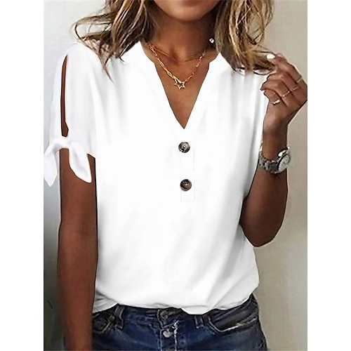 

Women's T shirt Tee Modal Plain Button Cut Out Casual Daily Fashion Basic Short Sleeve V Neck White Summer Spring