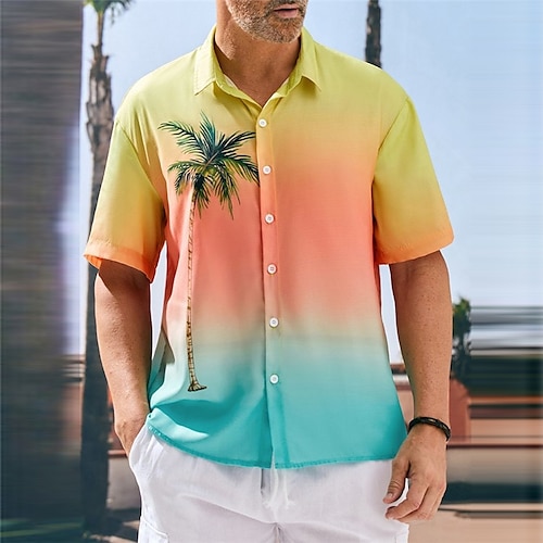 

Homens Camisa Social camisa de linho Camisa havaiana Gradiente Estampas Abstratas Aberto para a Lateral Amarelo Rosa Ao ar livre Rua Manga Curta Imprimir Roupa Linho Esportes Moda Roupa de rua