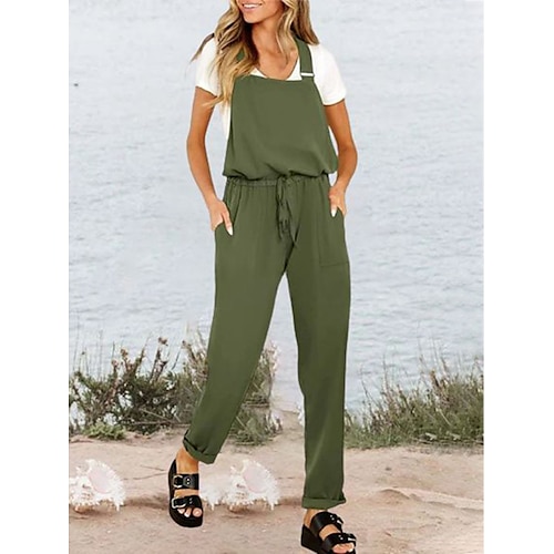 

combinaison femme poche cordon couleur unie u cou streetwear rue tous les jours coupe régulière sans manches vert armée bleu marine orange s m l été polyester