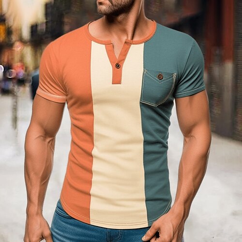 

Herren T Shirt Henley Shirt T-Shirt Farbblock Henley Strasse Urlaub Kurze Ärmel Bekleidung Modisch Designer Basic