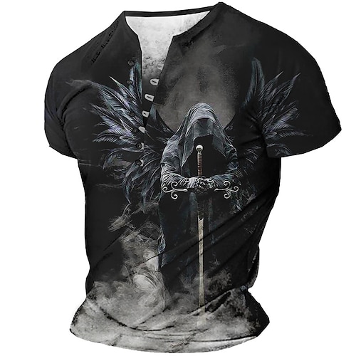 

Men's T shirt Tee Henley Shirt Graphic Wings Skulls Henley Clothing Apparel 3D Print Daily Sports Short Sleeve Buckle Print Fashion Designer Vintage