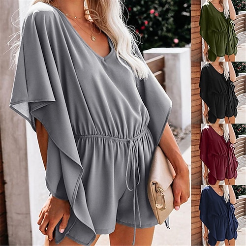 

Women's Romper Lace up Ruffle Solid Color V Neck Streetwear Street Daily Regular Fit Half Sleeve Black Red Blue S M L Summer