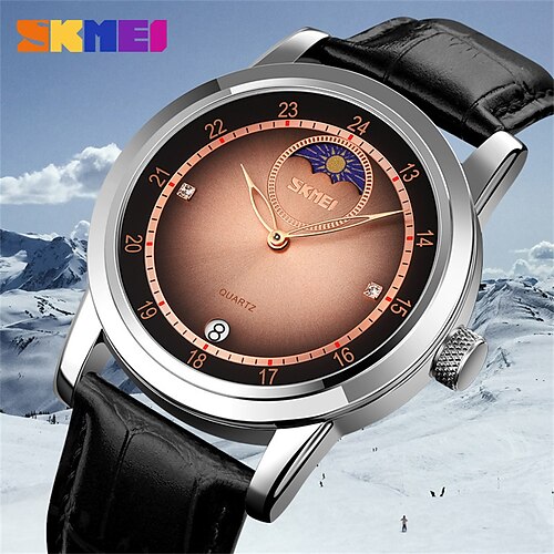 

SKMEI Men Quartz Watch Creative Minimalist Fashion Casual Analog Wristwatch Moon phase Calendar Waterproof Genuine Leather Watch