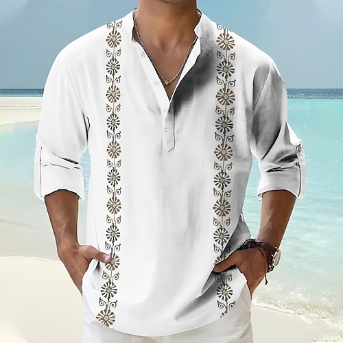 

Homens Camisa Social camisa de linho Estampas Abstratas Geometria Colarinho Chinês Branco Cáqui Ao ar livre Rua Manga Longa Imprimir Roupa Linho Moda Roupa de rua Designer Casual