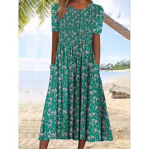 

Damen Lässiges Kleid Blumenkleid Sommerkleid Ditsy Blumig Tasche Bedruckt Rundhalsausschnitt Midikleid Aktiv Modisch Outdoor Verabredung Kurzarm Lockere Passform Grün Sommer Frühling S M L XL XXL