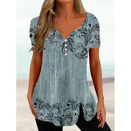 

Damen Hemd Bluse Schwarz Hellgrün Blau Blumen Taste Bedruckt Kurzarm Casual Festtage Basic V Ausschnitt Standard Blume S