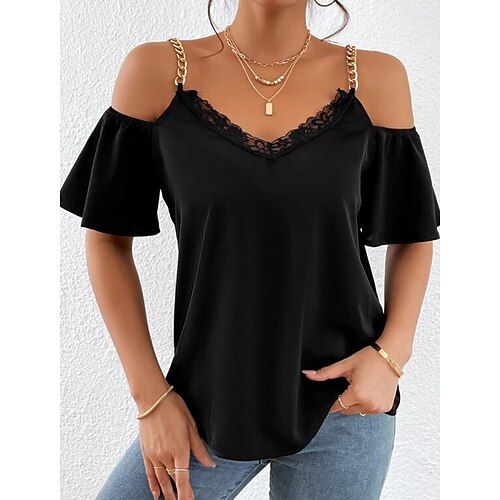 

Women's T shirt Tee Black Plain Lace Cut Out Short Sleeve Casual Basic V Neck Regular S