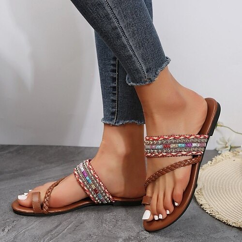 

Damen Sandalen Flache Sandalen Übergrössen Hausschuhe im Freien Outdoor Strand Flacher Absatz Vintage Brautkleider schlicht Kunstleder Halbschuhe Braun