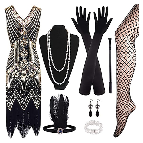 

The Great Gatsby Retro Vintage Roaring 20s 1920s Flapper Dress Cocktail Dress Flapper Headband Accesories Set Women's Sequins Tassel Fringe Costume Necklace / Earrings Vintage Cosplay Party / Evening