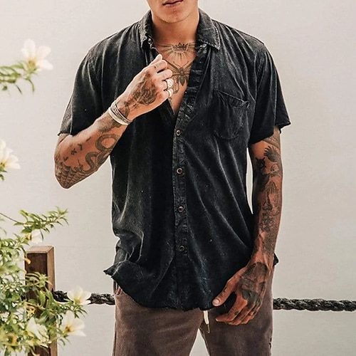 

Men's Shirt Button Up Shirt Casual Shirt Summer Shirt Beach Shirt Black Short Sleeve Plain Lapel Daily Vacation Clothing Apparel Fashion Casual Comfortable