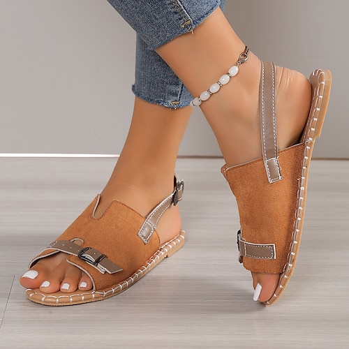 

Mujer Sandalias Playa de Boho Bohemia Sandalias planas Diario Playa Verano Remache Tacón Plano Punta abierta Punk Sensual Casual Zapatos de Paseo Cuero Sintético Mocasín Color sólido Marrón Claro