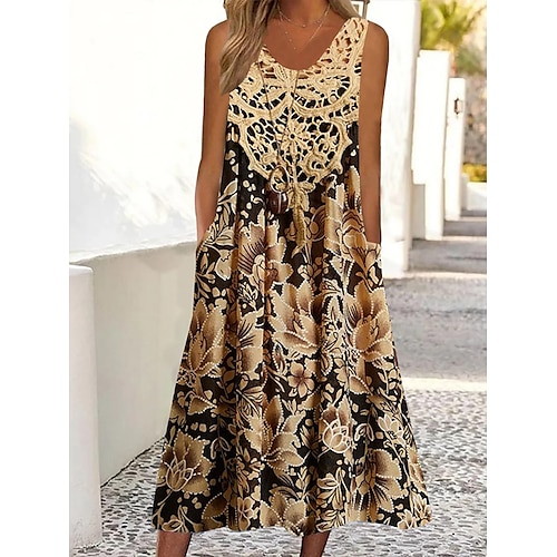 

Mujer Vestimenta casual Vestido de encaje Vestido de Tanque Floral Encaje Retazos Escote en Pico Vestido Midi Vintage Maduro Exterior Cita Sin Mangas Holgado Amarillo Verano Primavera S M L XL XXL