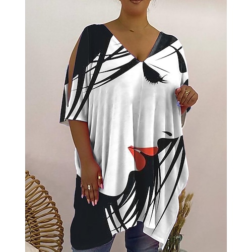 

Chemise Chemisier Femme Noir Blanche Gris foncé Bloc de couleur Portrait Découpé Imprimer Manche Courte Casual basique Col V Longue Ample Portrait Grande Taille L