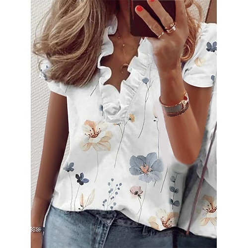 

Damen Hemd Bluse Weiß Blumen Rüsche Bedruckt Kurzarm Casual Festtage Basic V Ausschnitt Standard Blume S