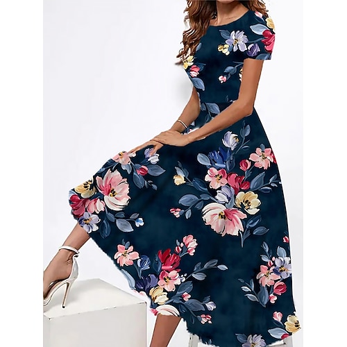 

Damen kleid lang Sommerkleid Kleid drucken Graphic Blumen Modern Brautkleider schlicht Täglich Festtage Urlaub Tasche Bedruckt Kurzarm Rundhalsausschnitt Kleid Schlank Rosa Dunkelpink Marineblau