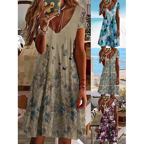 

Mulheres Vestido casual Vestido de verão Vestido estampado Floral Bloco de cor Imprimir Decote V Minivestido Ativo Moda Ao ar livre Diário Manga Curta Normal Azul Roxo Verde Verão Primavera S M L XL