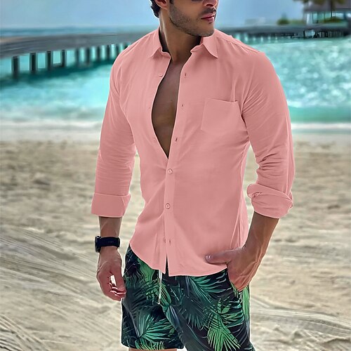 

Men's Shirt Button Up Shirt Casual Shirt Summer Shirt Beach Shirt White Pink Blue Green Long Sleeve Plain Lapel Daily Vacation Front Pocket Clothing Apparel Fashion Casual Comfortable