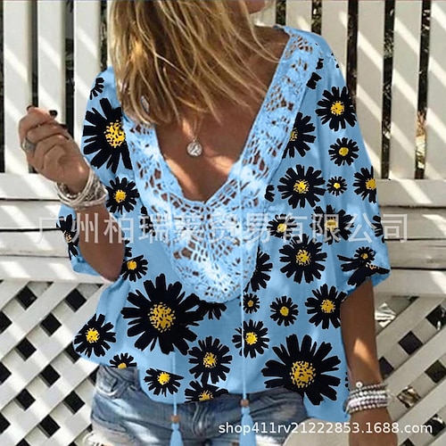 

Damen Hemd Bluse Hellblau Weiß Gelb Blumen mit Schnürung Bedruckt Halbe Ärmel Casual Festtage Basic V Ausschnitt Standard Baumwolle Blume S