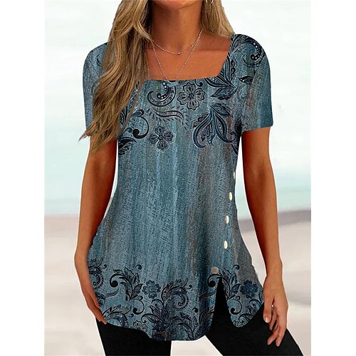 

Mulheres Camiseta Azul Floral Imprimir Manga Curta Casual Básico Decote Quadrado Padrão Tema Flores S