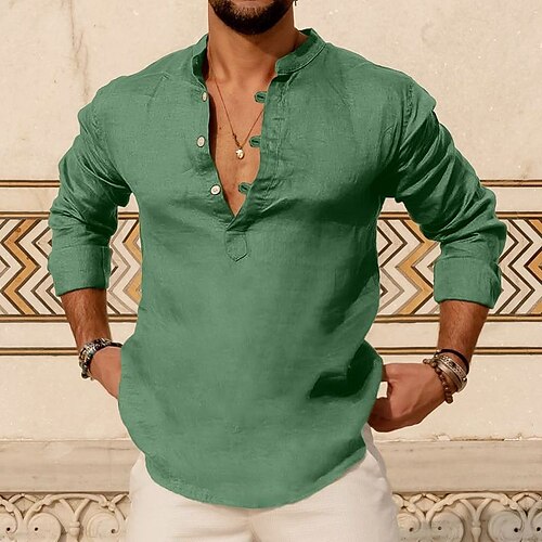 

Homens Camisa Social camisa de linho Camisa casual camisa de verão camisa de praia Preto Branco Rosa Azul Verde Manga Longa Tecido Henley Diário Férias Roupa Moda Casual Confortável