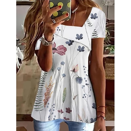 

T shirt Tee Femme Bleu Arc-en-ciel Gris Floral Imprimer Manche Courte Vacances Fin de semaine basique Col V Normal Standard Fleur Peinture S