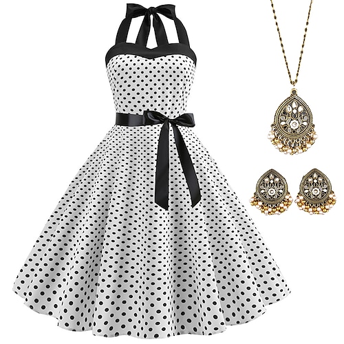 

Polka-Dot Retro Vintage 1950s A-Linie Kleid Swing-Kleid Zubehörset Flare-Kleid Damen Halfter Kostüm Halskette / Ohrringe Jahrgang Cosplay Hochzeitsfeier Kleid Klub Mittag Kleid