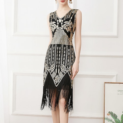 

The Great Gatsby Charleston Roaring 20s 1920s Vacation Dress Cocktail Dress Flapper Dress Dress Masquerade Women's Sequins Tassel Fringe Costume Vintage Cosplay Party Homecoming Prom Sleeveless Dress