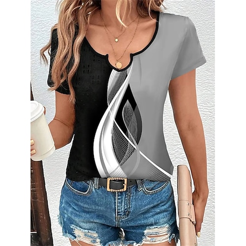 

T shirt Tee Femme Gris Géométrique Imprimer Manche Courte du quotidien Fin de semaine Tuniques basique Col V Normal Standard Géométrique Peinture S