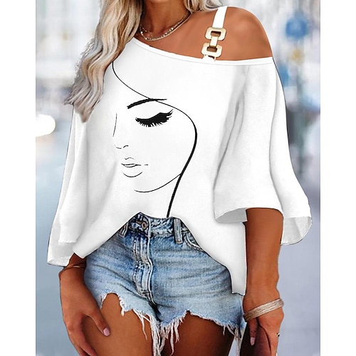 

T shirt Tee Femme Noir Blanche Kaki Lettre Portrait Imprimer Manches 3/4 Casual basique Une Epaule Normal Standard Portrait Manche Chauve-souris S