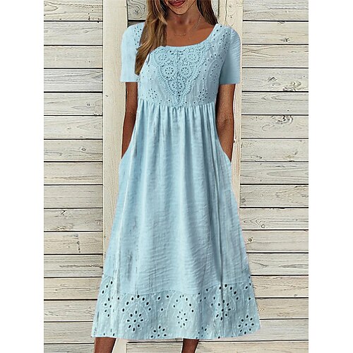 

Robe casual Robe en coton et lin Femme Robe mi-longue Mélange de Coton basique Moderne Extérieur du quotidien Col Ras du Cou Dentelle Ruché Manche Courte Eté Printemps 2023 Ample Bleu Plein S M L XL