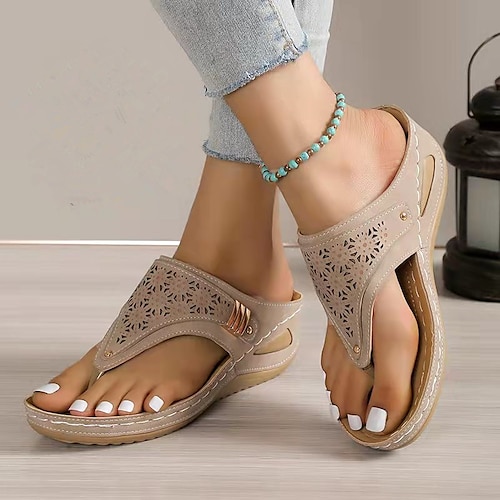 

Women's Sandals Slippers Boho Bohemia Beach Wedge Heels Comfort Shoes Outdoor Beach Summer Cut Out Wedge Heel Elegant Casual Minimalism Faux Leather Loafer Solid Color Black Light Brown Dark Blue