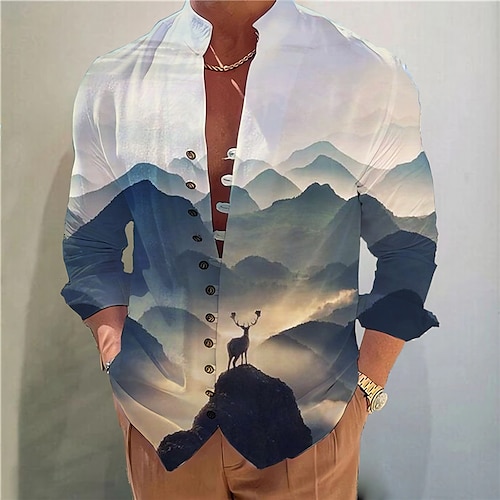 

Homens Camisa Social camisa de linho Estampas Abstratas Paisagem Montanha Colarinho Chinês Amarelo Azul Roxo Verde Cinzento Ao ar livre Rua Manga Longa Imprimir Roupa Linho Moda Roupa de rua Designer