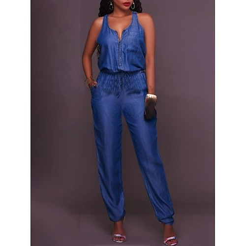 

Damen Jumpsuit Tasche Feste Farbe V Ausschnitt Geschäftlich Ausgefallene B¨¹ro Arbeit Regular Fit Ärmellos Schwarz Marineblau Blau XS S M L Sommer