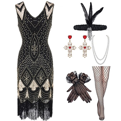 

Les rugissantes années 20 1920s Inspiré du vintage Robe à clapet Tenue Bandeau Garçonne Femme Paillettes Franges Costume Bijoux de Cheveux Collier / Boucles d'oreilles Collier de perles Vintage