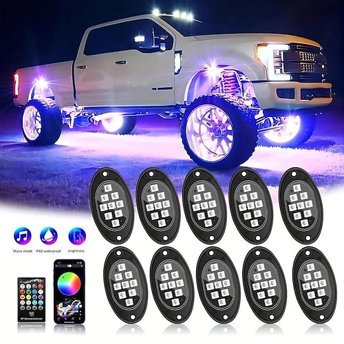 

300-W-Felslichter für LKWs, 4/6/8/10 Pods, RGB-LED-Felslichter mit App/Fernbedienung Musikmodus für Pickup Off Road Jeep Dodge Polaris RZR SUV ATV UTV Chevrolet All Car Universal