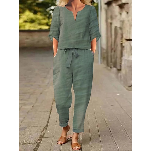 

ensembles de vêtements de détente pour femmes mélange de coton 2 pièces fleur abstraite confort décontracté maison rue quotidien respirant col montant demi manches pull pantalon poche ceinture incluse été printemps blanc vert clair