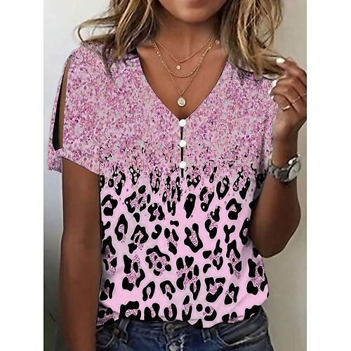 

Women's T shirt Tee Pink Dusty Rose Lavender Graphic Leopard Print Button Cut Out Short Sleeve Weekend Basic V Neck Regular Painting S