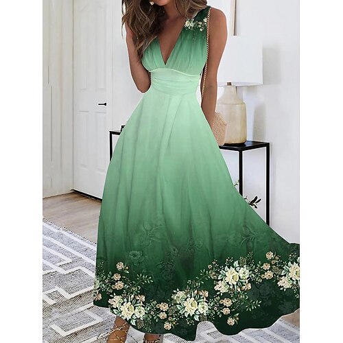 

Robe casual Robe Évasée Robe Trapèze Femme robe longue Floral Dégradé de Couleur Mode Vêtement de rue du quotidien Vacances Sortie Imprimer Sans Manches Col V Robe Ample Vert Eté Printemps S M L XL