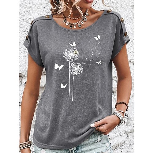 

Mujer Camiseta Gris Mariposa Diente de león Botón Estampado Manga Corta Festivos Fin de semana Básico Escote Redondo Regular Flor Mariposa Pintura S