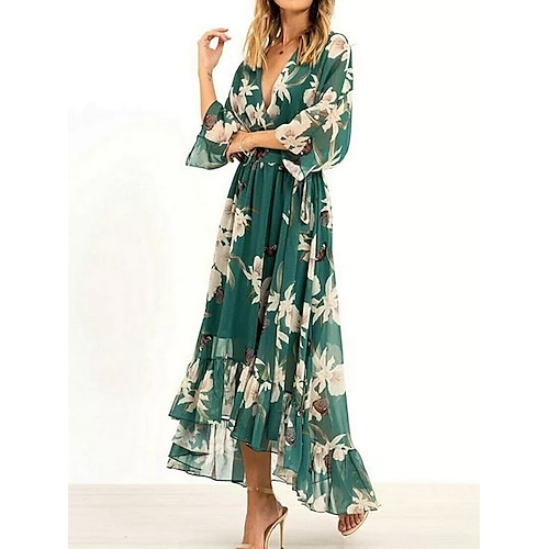 

Damen kleid lang Casual kleid Chiffon-Kleid Schaukelkleid Blumen Modisch Strassenmode Outdoor Täglich Festtage Rüsche High-Low-Kleid 3/4 Ärmel V Ausschnitt Kleid Regular Fit Grün Sommer Frühling S M