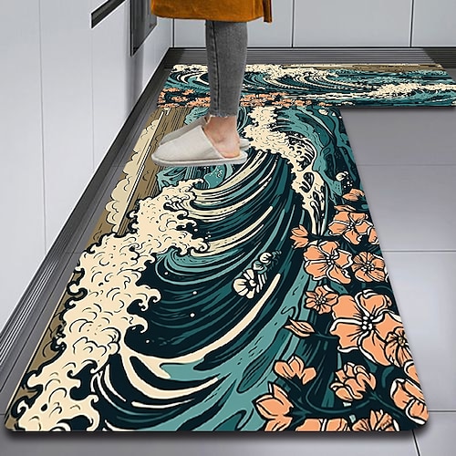 

Alfombrilla de cocina con diseño de ondas, alfombrilla para puerta, alfombra de tierra de diatomeas, superabsorbente, alfombrilla para pies de secado rápido, alfombra antideslizante para entrada