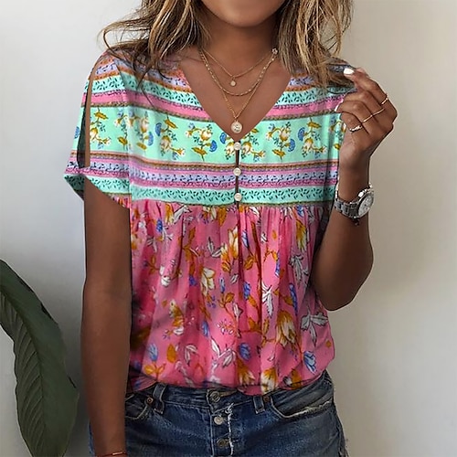 

Women's T shirt Tee Red Green Gray Floral Button Cut Out Short Sleeve Holiday Weekend Basic V Neck Regular Floral Painting S