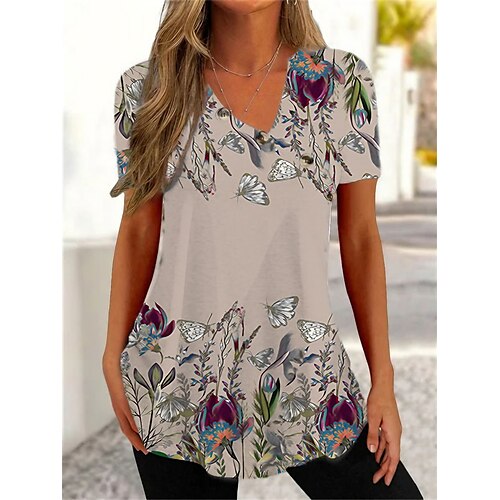 

Mulheres Camiseta Blusa Branco Verde Claro Rosa Floral Borboleta Imprimir Manga Curta Casual Feriado Básico Decote V Padrão Tema Flores Borboleta S