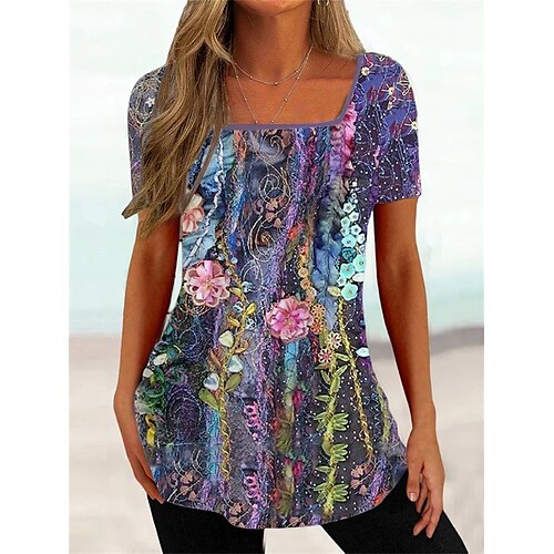 

Women's T shirt Tee Purple Floral Print Short Sleeve Casual Holiday Tunic Basic Square Neck Regular Floral S