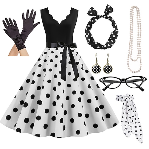 

Women's A-Line Rockabilly Dress Polka Dots Swing Dress Flare Dress with Accessories Set 1950s 60s Retro Vintage with Headband Chiffon Scarf Earrings Cat Eye Glasses Pearl Necklace Gloves 7PCS